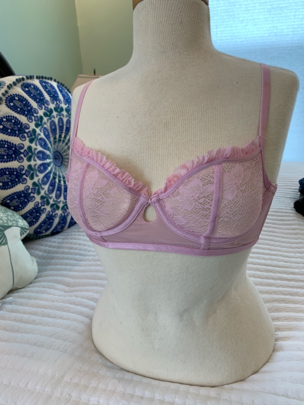 Adore Me Pink Lace Unlined Underwire Bra with Ruffle Trim 36A